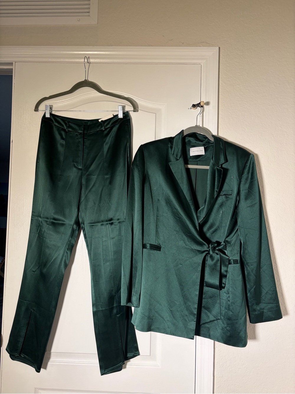 Dark Green Satin Wrap Blazer & Matching Pants Set